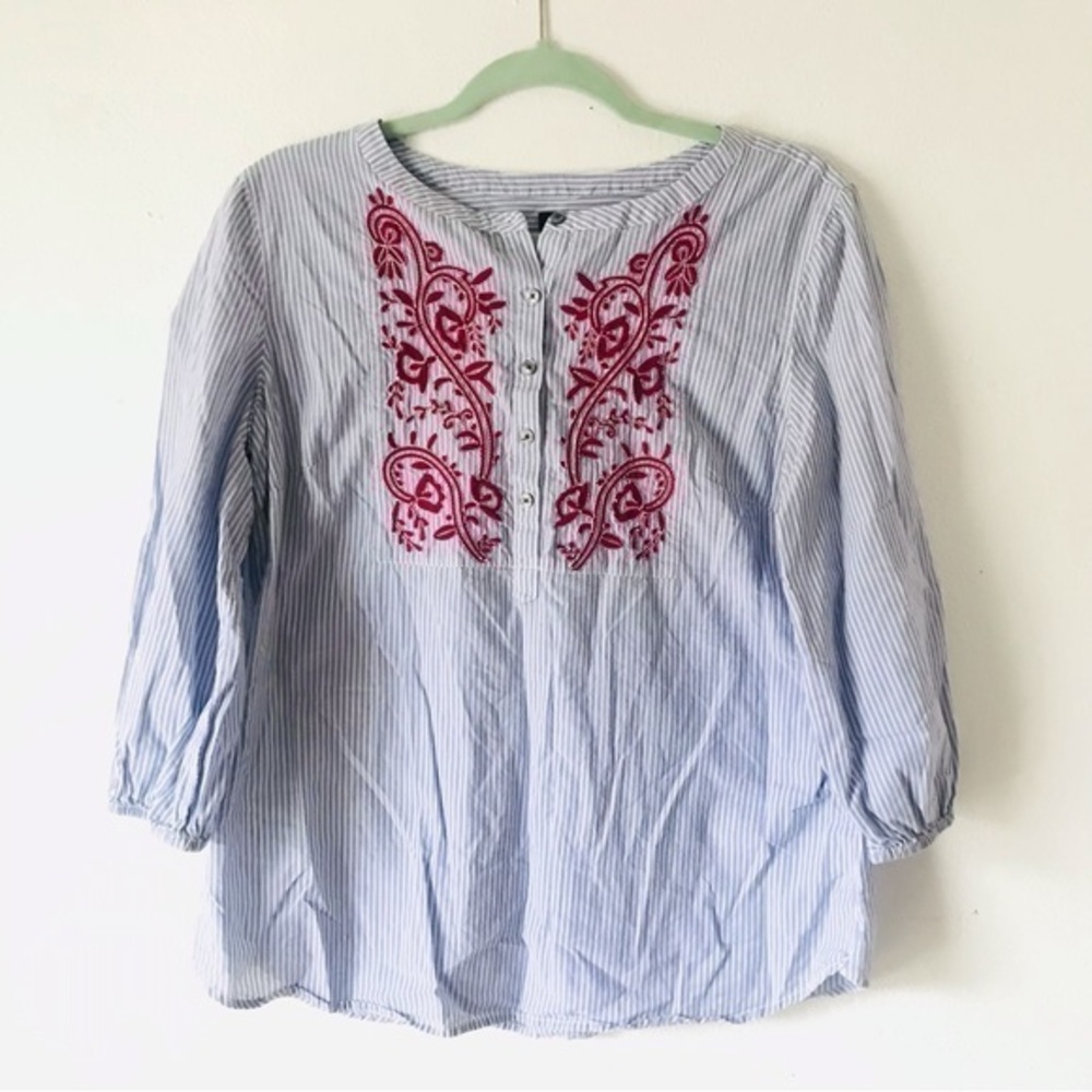 Talbots embroidered striped split neck blouse sz m